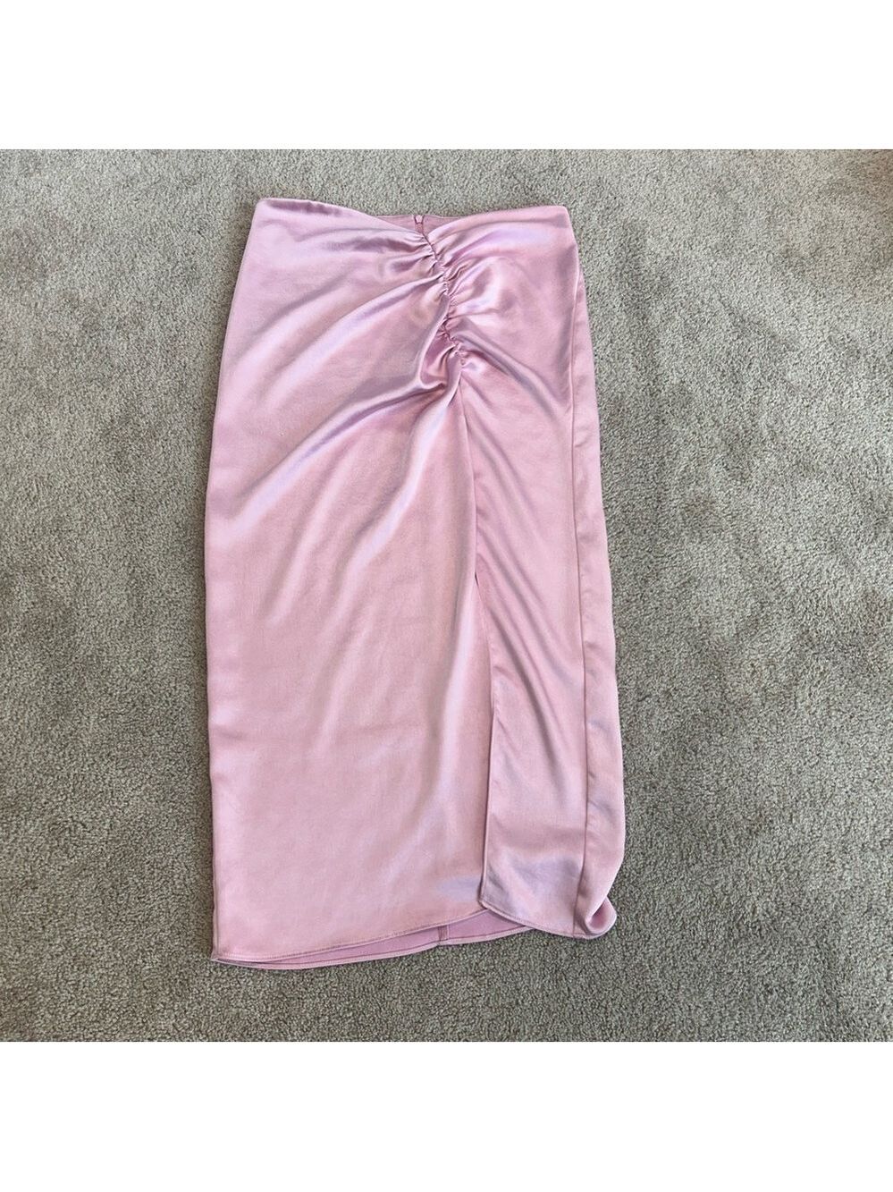 Zara pink satin effect ruched midi skirt high front slit Sz M NWT